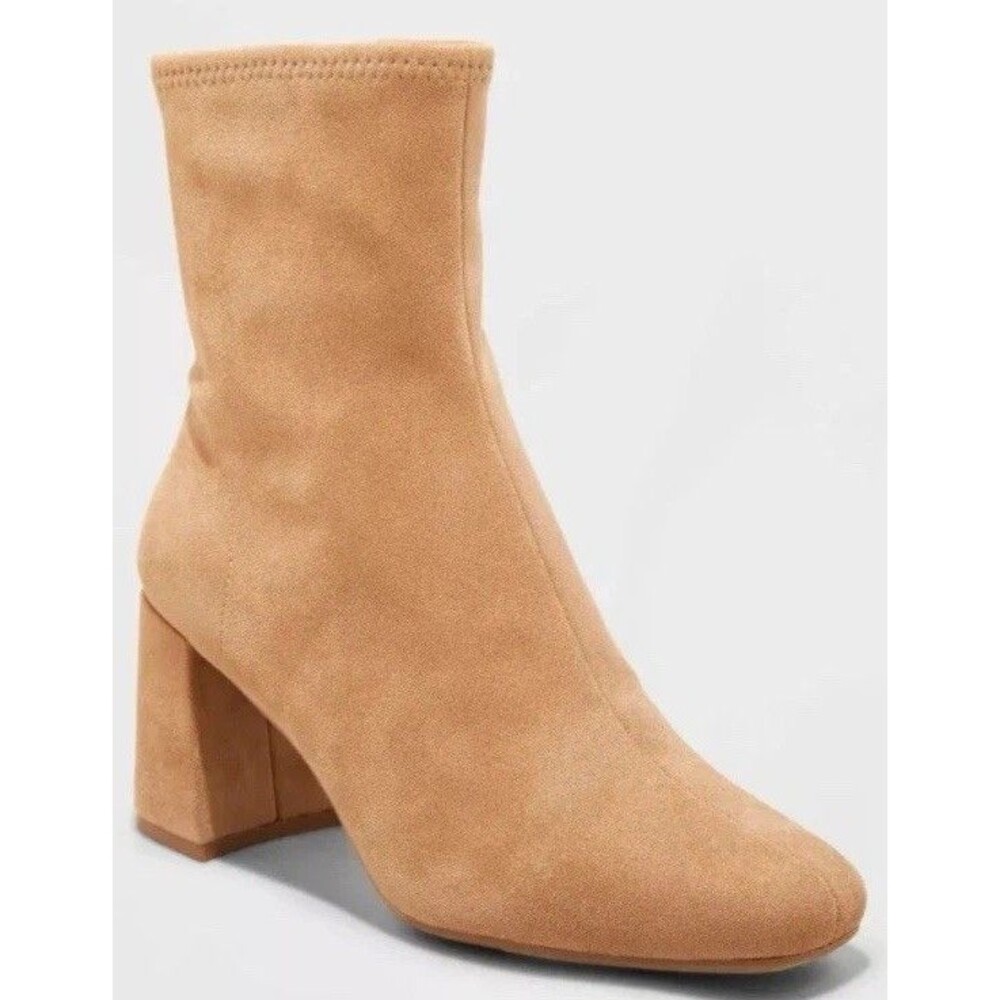 Women's Block Heel Ankle Booties Faux Suede Tan